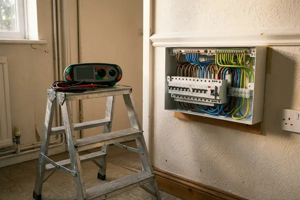 Illustration of electrical testing equipment at a consumer unit