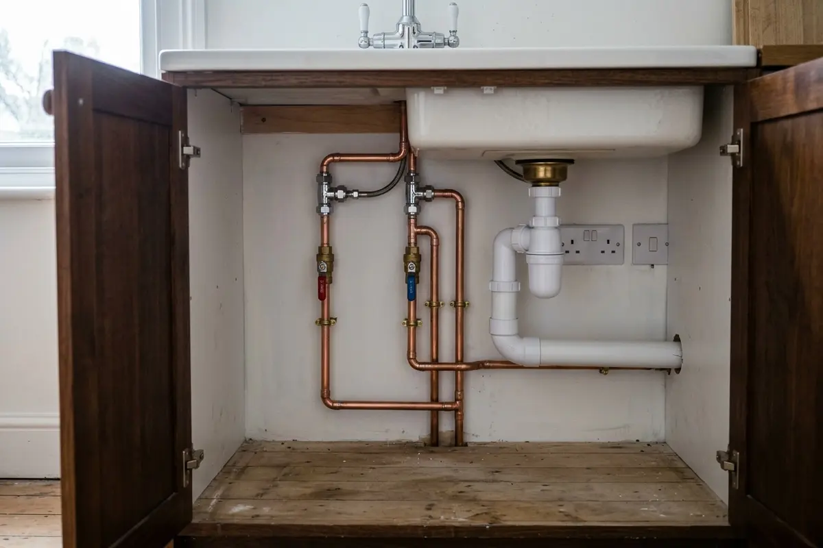 Illustration of new plumbing pipework and taps