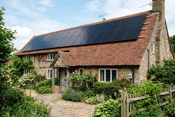 Illustration of solar panels and a home battery