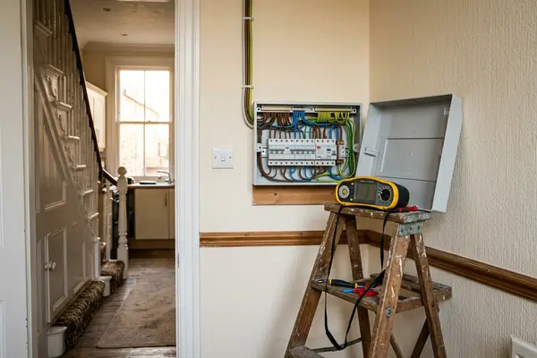 Illustration of electrical testing equipment at a consumer unit