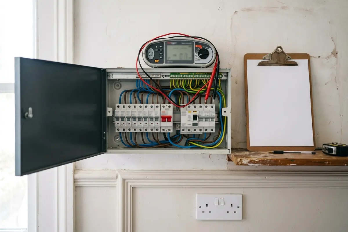 Illustration of electrical testing equipment at a consumer unit
