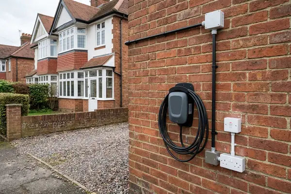 Illustration of an electric car charging point on a house wall