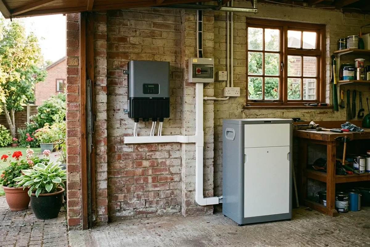 Illustration of solar panels and a home battery