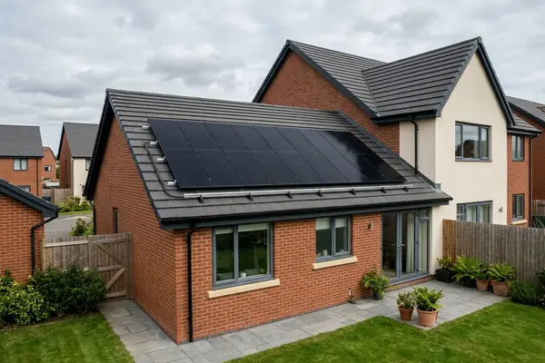 Illustration of solar panels and a home battery