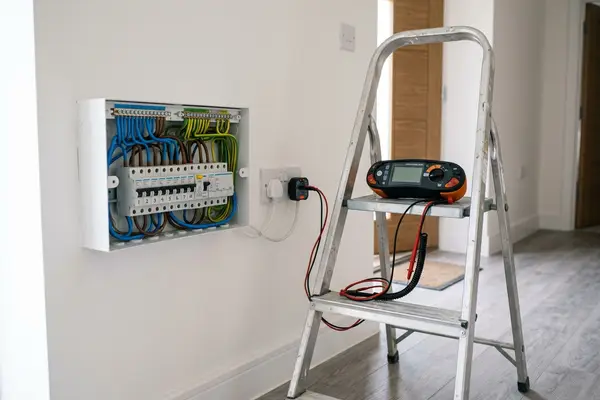 Illustration of electrical testing equipment at a consumer unit