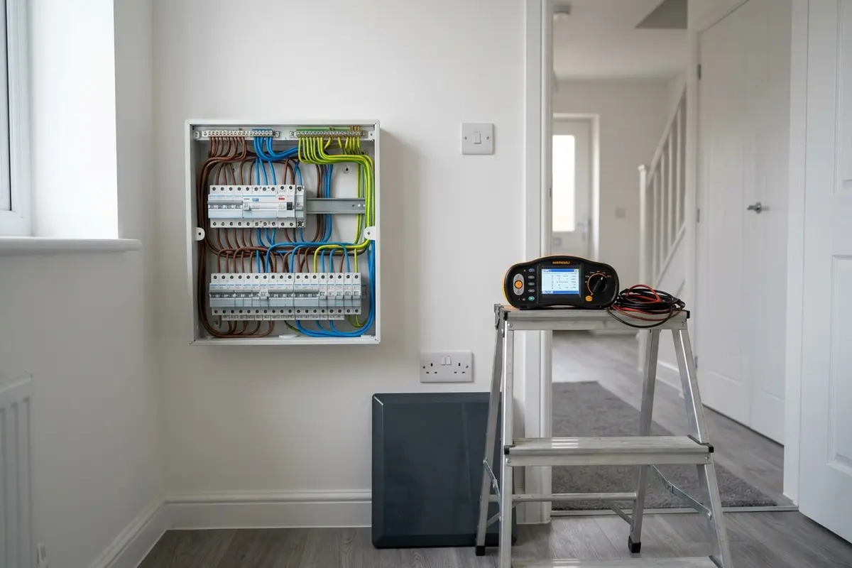 Illustration of electrical testing equipment at a consumer unit