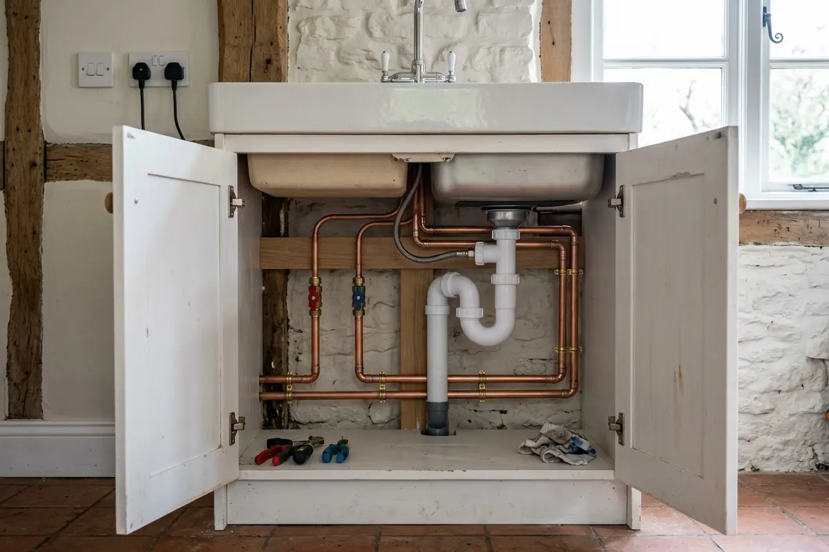 Illustration of new plumbing pipework and taps